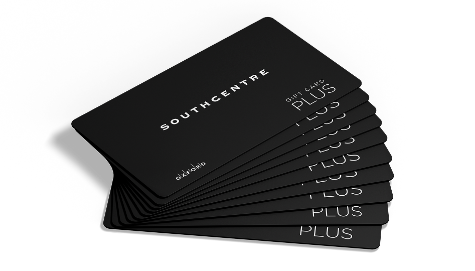 Fanned-out stack of black Southcentre Plus gift cards on white