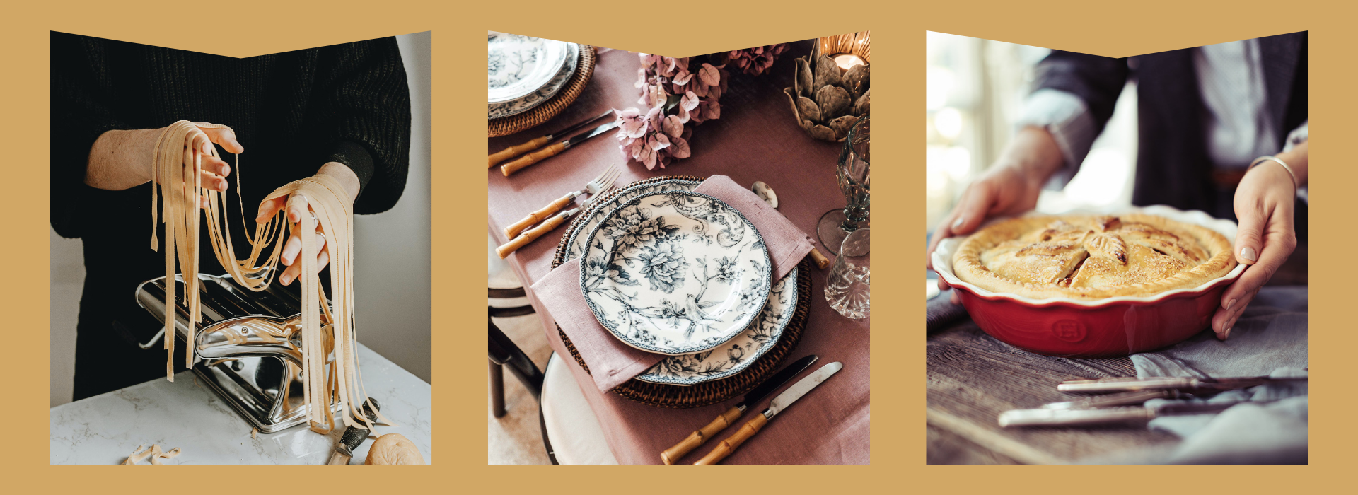 Pasta maker, table setting, pie