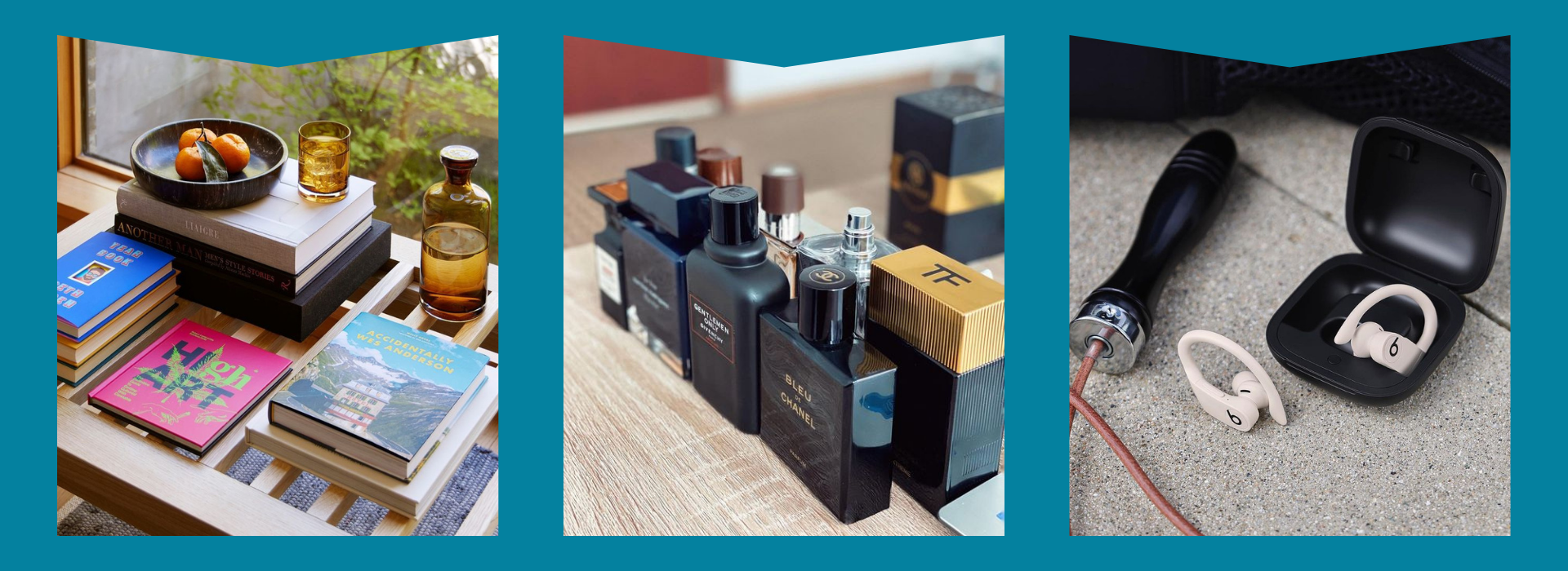Stalks of book and decanter, Various Colognes, Wireless Earbuds