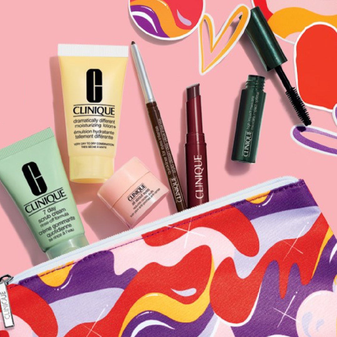 Clinique products coming out of a limited edition Clinique bag